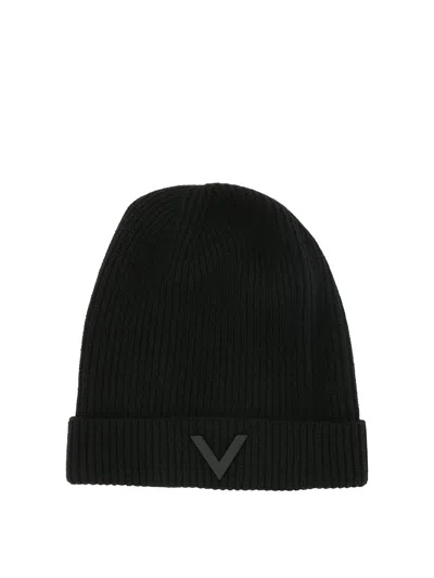 Shop Valentino Classic Black Ribbed Beanie With Metal V Application For Men