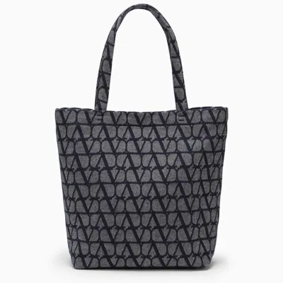 Shop Valentino Denim-effect Multicolor Tote Bag With Iconic Pattern For Men