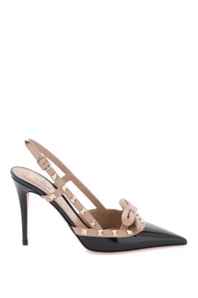 Shop Valentino Rockstud Bow Slingback Pumps In Black Patent Leather