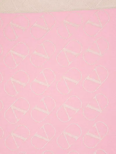 Shop Valentino Light Pink And Beige Vlogo Monogram Jacquard Scarf With Frayed Edge