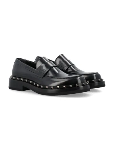 Shop Valentino Men's Black Rockstud Loafers For Ss24 Footwear Collection