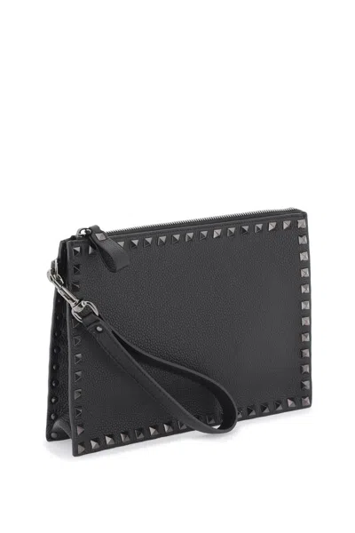 Shop Valentino Men's Black Studded Leather Handbag With Card Slots And Wrist Strap