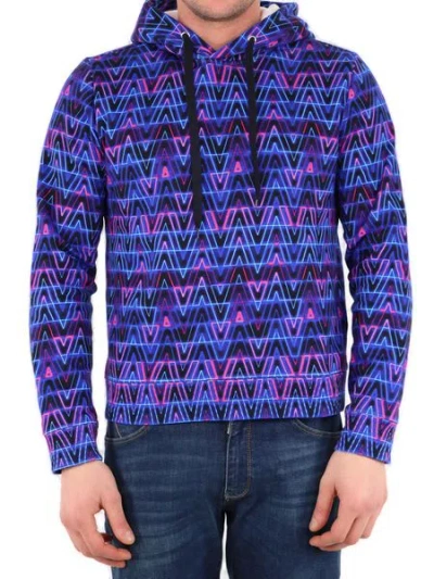 Shop Valentino Men's Blue Cotton Hoodie With Neon Optical Pattern For Ss22