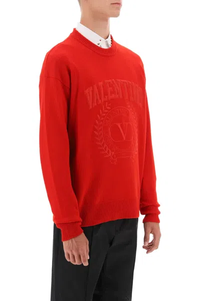 Shop Valentino Men's Red Crew-neck Wool Sweater With Embroidered Detail