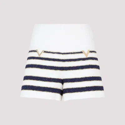 Shop Valentino Navy Blue And Ivory Tweed Shorts With V Gold Details