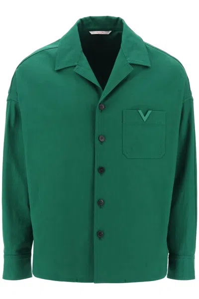 Shop Valentino Stretch Cotton Canvas Overshirt With V Detail For Men In Green