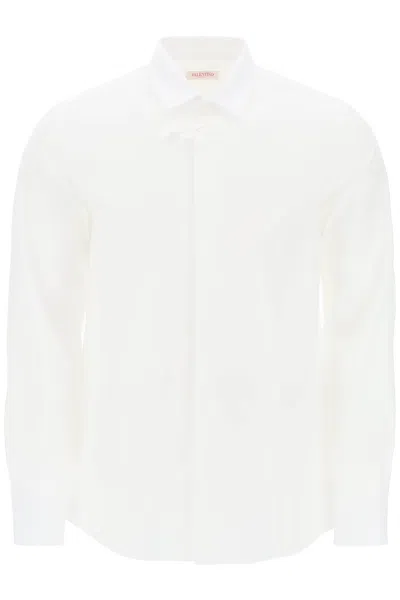 Shop Valentino White Cotton Poplin Long-sleeved Shirt With Embroidered Flower Detail