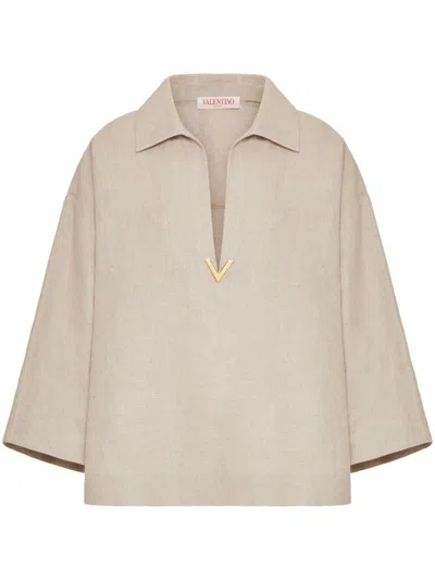 Shop Valentino Light Beige Linen Top With Gold-tone Logo Plaque And Spread Collar For Women In Tan