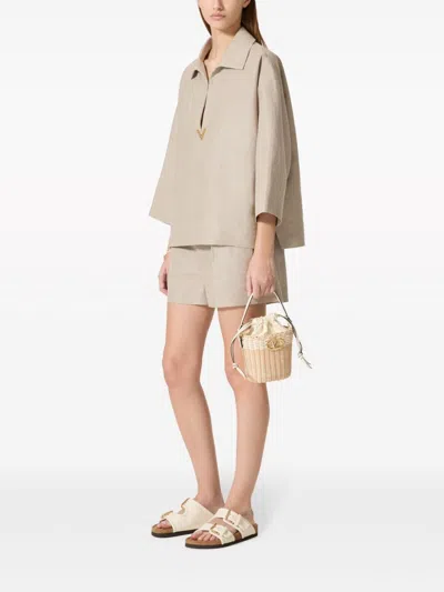 Shop Valentino Light Beige Linen Top With Gold-tone Logo Plaque And Spread Collar For Women In Tan