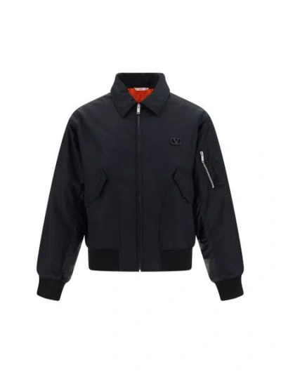 Shop Valentino Men's Black Nylon Bomber Jacket With Zipped And Pen Pockets