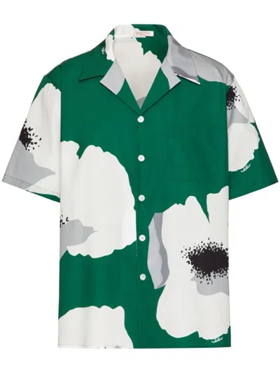 Shop Valentino Men's Emerald Green Floral Print Cotton Shirt