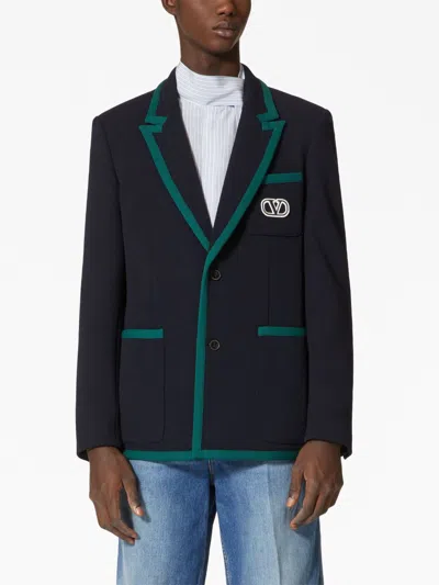 Shop Valentino Men's Wool Single-breasted Blazer With Contrasting Trimmings And Lapel Collar In Blue