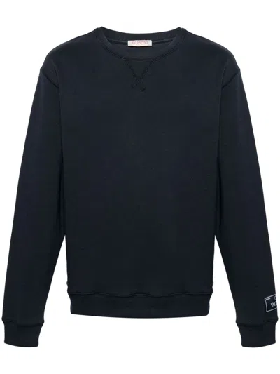 Shop Valentino Navy Blue Cotton Sweatshirt With Logo Patch And V-neck Detail For Men