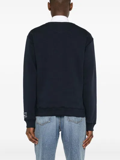 Shop Valentino Navy Blue Cotton Sweatshirt With Logo Patch And V-neck Detail For Men