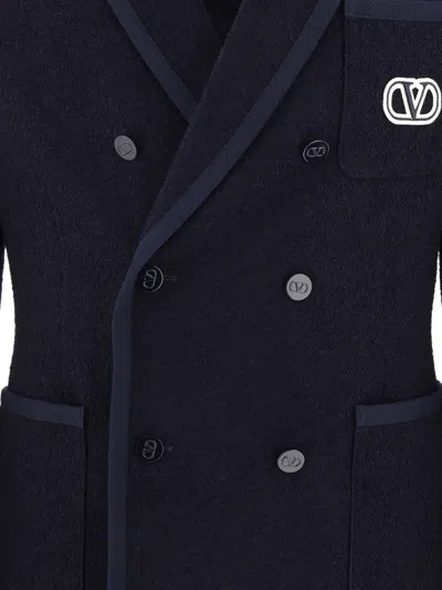 Shop Valentino Navy Bouclé Wool Blazer With Vlogo Signature Embroidered For Men In Blue
