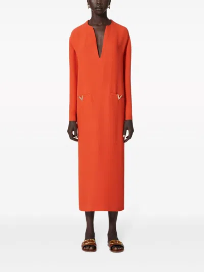 Shop Valentino Orange Crepe Texture V-neck Midi Dress