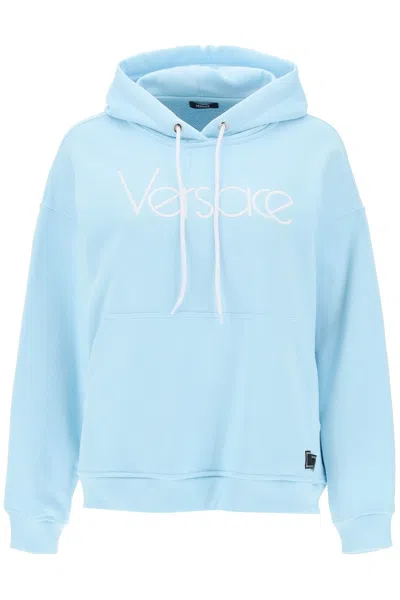 Shop Versace 1978 Re-edition Logo Hooded Sweatshirt In Light Blue For Women