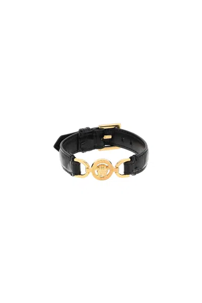 Shop Versace Adjustable Crocodile Print Leather Bracelet With '95 Medusa Detail For Men In Black