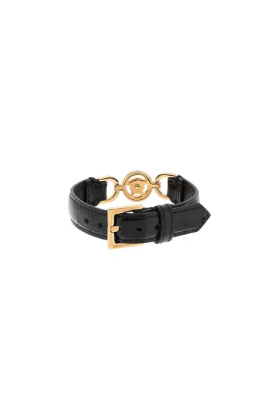 Shop Versace Adjustable Crocodile Print Leather Bracelet With '95 Medusa Detail For Men In Black