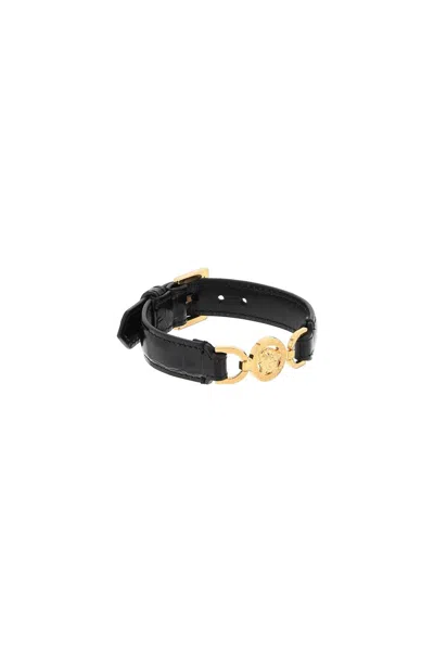 Shop Versace Adjustable Crocodile Print Leather Bracelet With '95 Medusa Detail For Men In Black