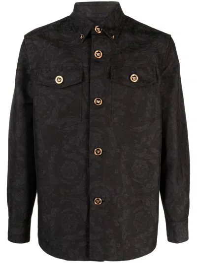 Shop Versace Anthracite Gray Baroque-jacquard Cotton Shirt Jacket