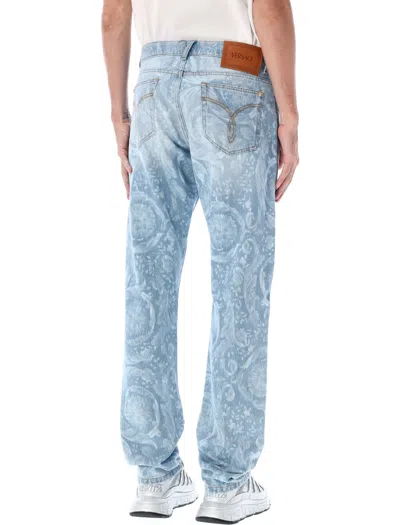 Shop Versace Baroque Allover Jeans With Regular Waist And Side Pockets For Men In Blue