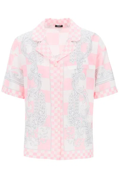 Shop Versace Baroque Pink Silk Bowling Shirt For Women