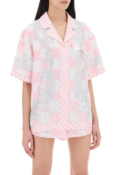 Shop Versace Baroque Checkered Silk Shirt For Women In Pink And Purple