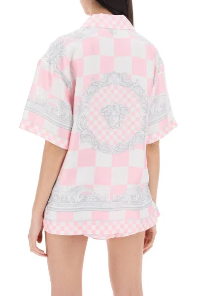 Shop Versace Baroque Pink Silk Bowling Shirt For Women