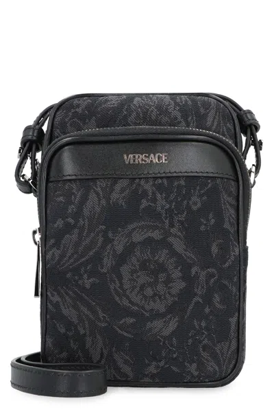 Shop Versace Black Canvas And Leather Crossbody Handbag For Men