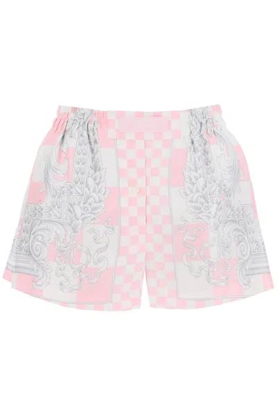 Shop Versace Baroque Print Checkered Silk Shorts In Pink And Purple For Women