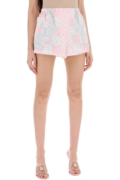 Shop Versace Baroque Print Checkered Silk Shorts In Pink And Purple For Women
