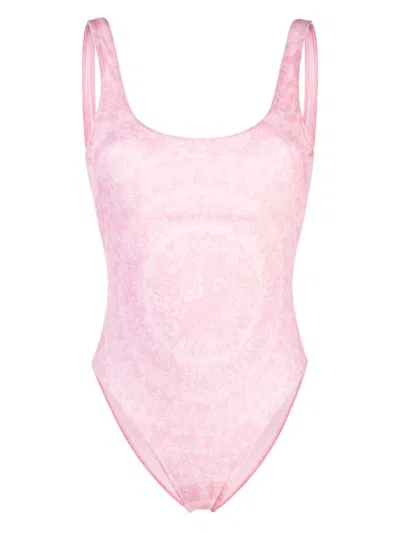 Shop Versace Baroque Print High Cut Swimsuit In Pink