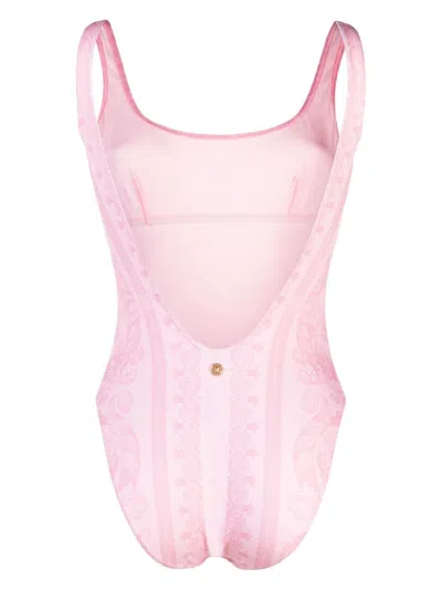 Shop Versace Baroque Print High Cut Swimsuit In Pink