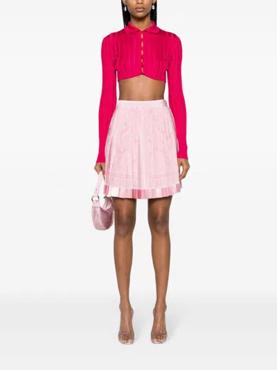 Shop Versace Baroque Print Pleated Mini Skirt In Blush Pink Silk For Modern Women