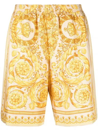 Shop Versace Baroque Print Silk Shorts In Golden For Men