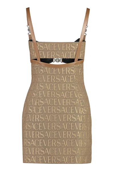 Shop Versace Beige Jaquard Mini Dress For Women