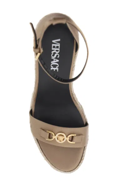 Shop Versace Beige Satin Wedge Sandals With Crystal Medusa Detail For Women
