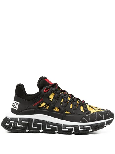 Shop Versace Men's Black Leather Sneakers With Greek Detailing By