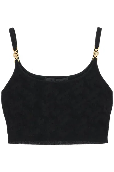Shop Versace Black Cropped Top With The Greek Pattern And Gold Details