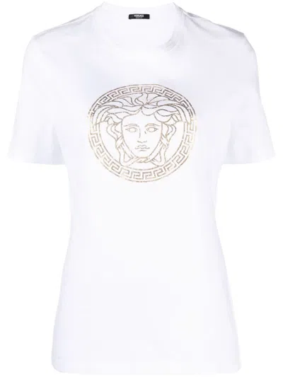Shop Versace White/gold-tone Cotton T-shirt With Medusa Head Motif For Women