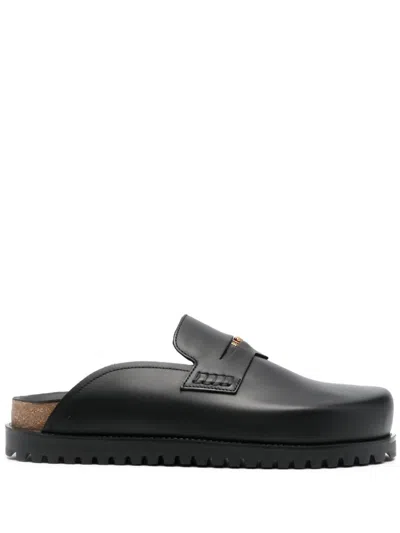 Shop Versace Black Leather Cork-sole Flat Sandals For Men
