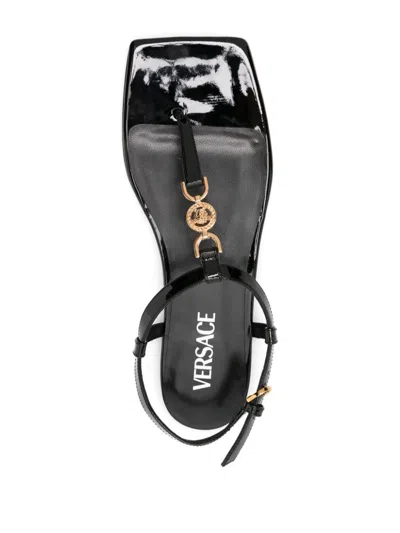 Shop Versace Black Leather Patent Sandals With Medusa Head Motif