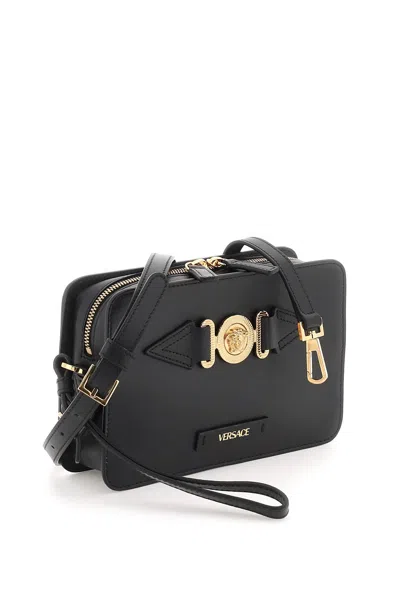 Shop Versace Black Leather Medusa Messenger Handbag For Men