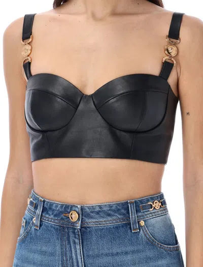 Shop Versace Black Medusa '95 Leather Bustier Top