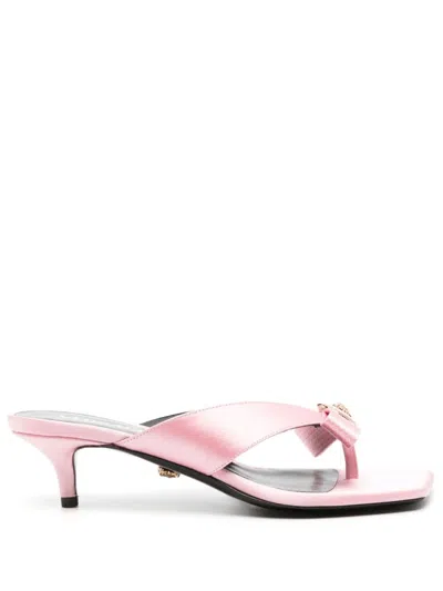Shop Versace Rose Pink Satin Sandals With Medusa Plaque Detail And Kitten Heel