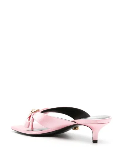 Shop Versace Rose Pink Satin Sandals With Medusa Plaque Detail And Kitten Heel