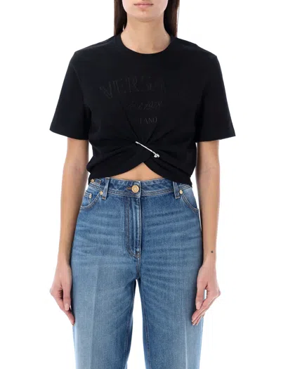 Shop Versace Black Stamp Crop T-shirt For Women