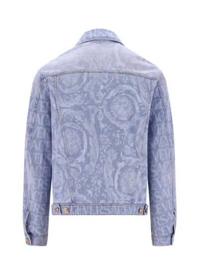 Shop Versace Blue Allover Denim Jacket For Men