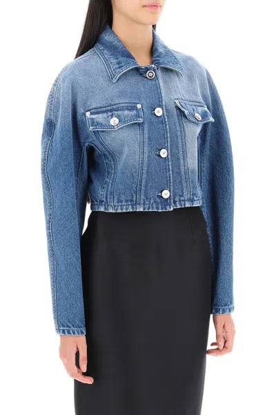 Shop Versace Blue Cropped Denim Jacket With Kimono Sleeves For Women